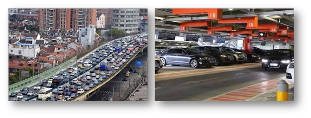 城市交通拥堵，停车场车满为患